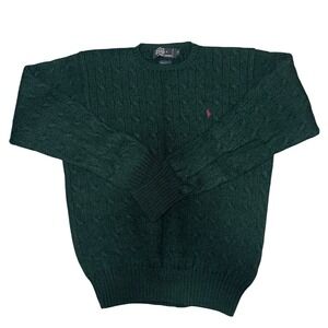 Polo Ralph Lauren Cable Knit Wool Sweater Green Sz M Preppy Old Money Classic